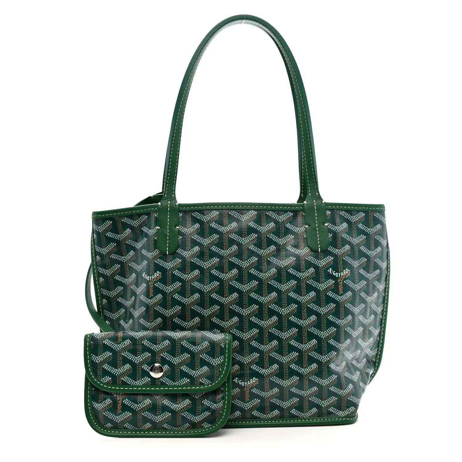 Green reversible mini tote bag with front flap pocket and patterned exterior