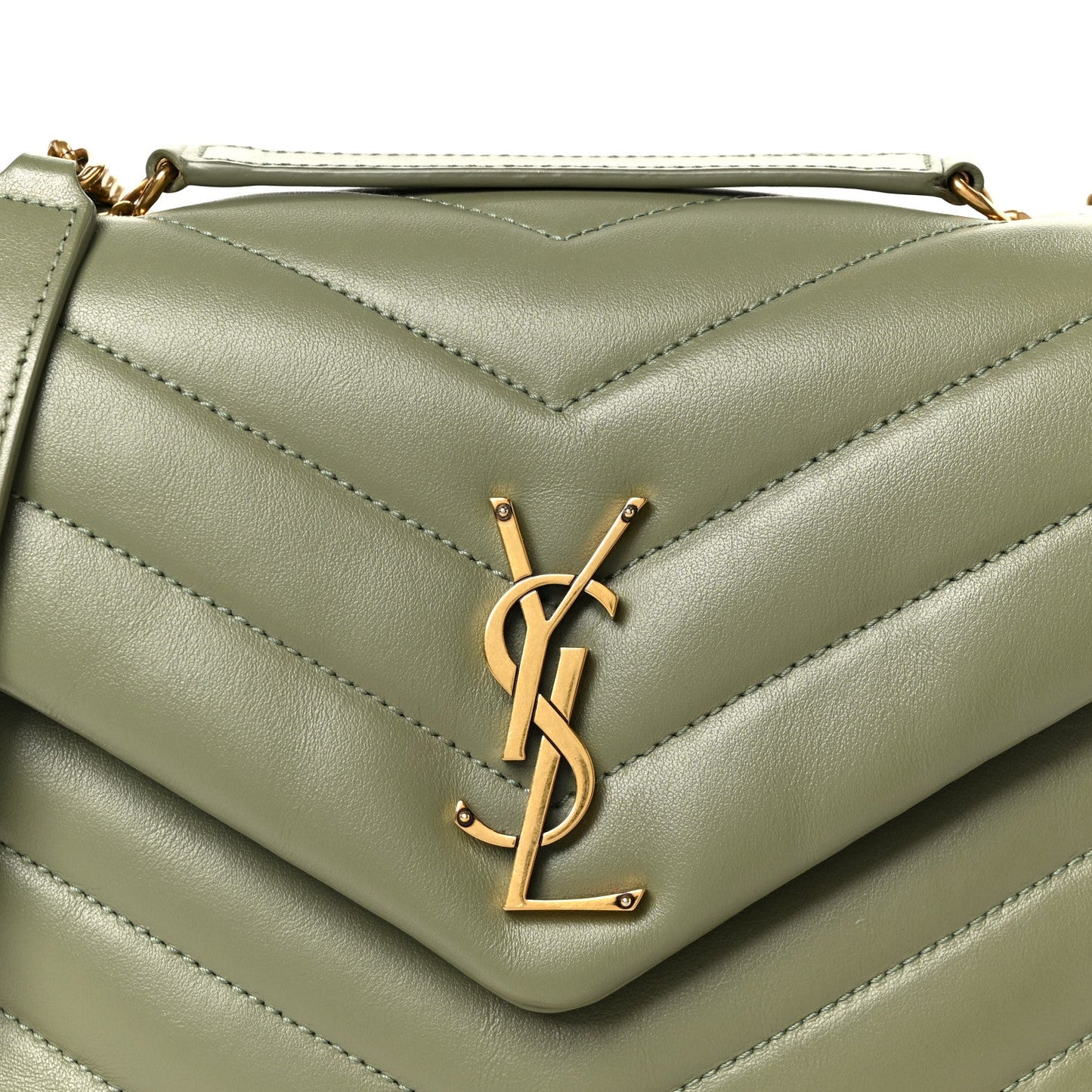 Light sage quilted leather satchel front with gold-tone YSL monogram and chain strap