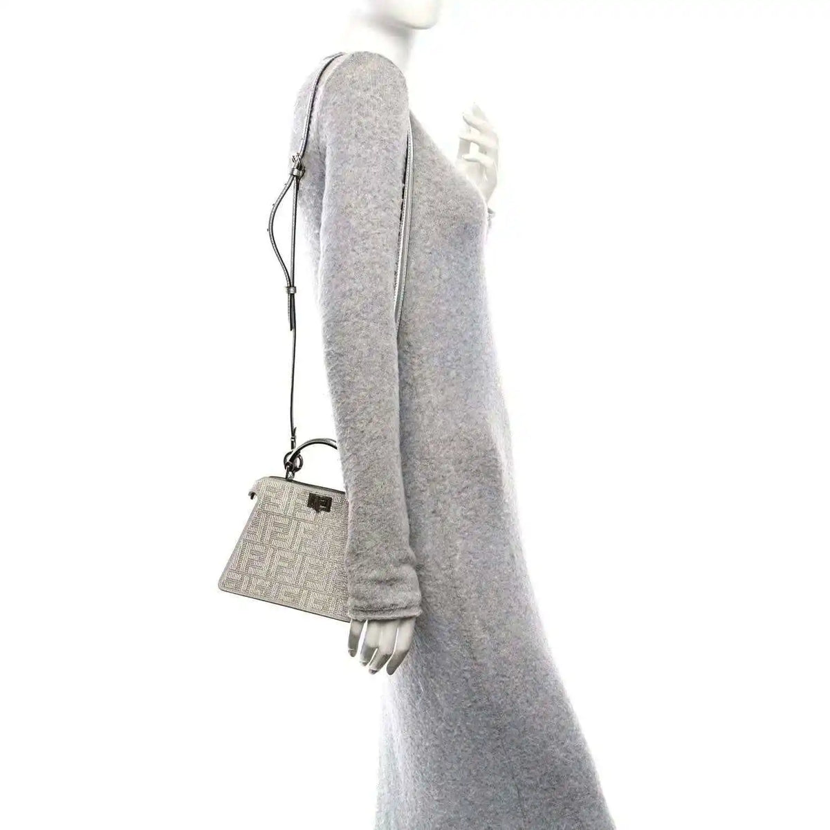 Crystal-embellished mini satchel with short top handles and crossbody strap, silver tone.