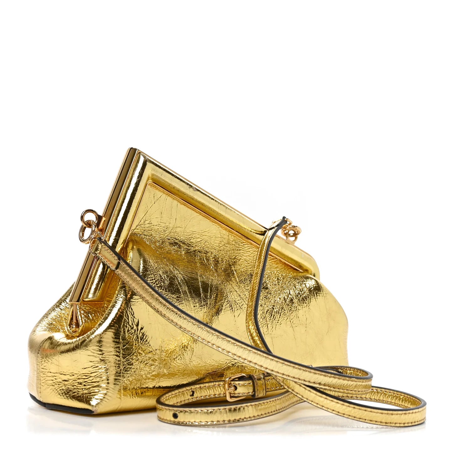 Metallic gold leather frame shoulder bag with crossbody strap and hardware