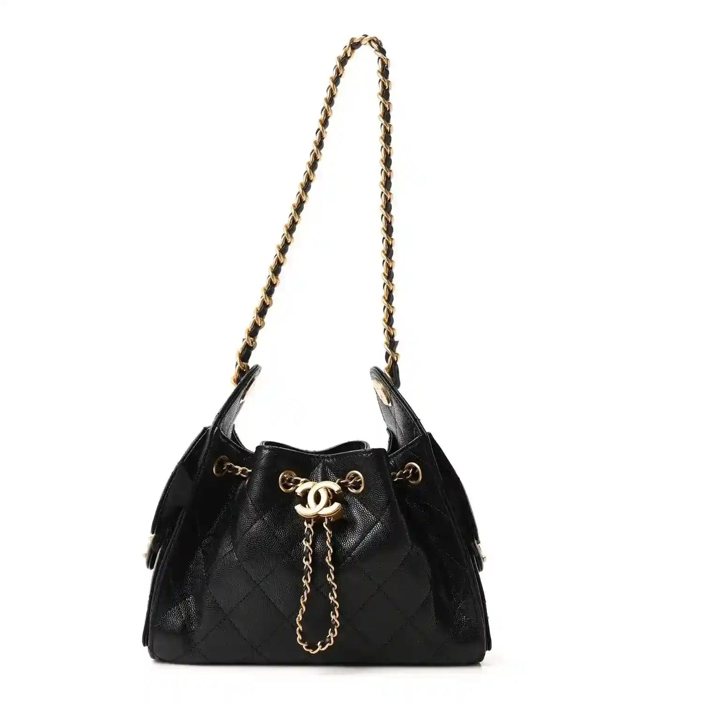 Black leather quilted mini handbag with gold chain and drawstring closure