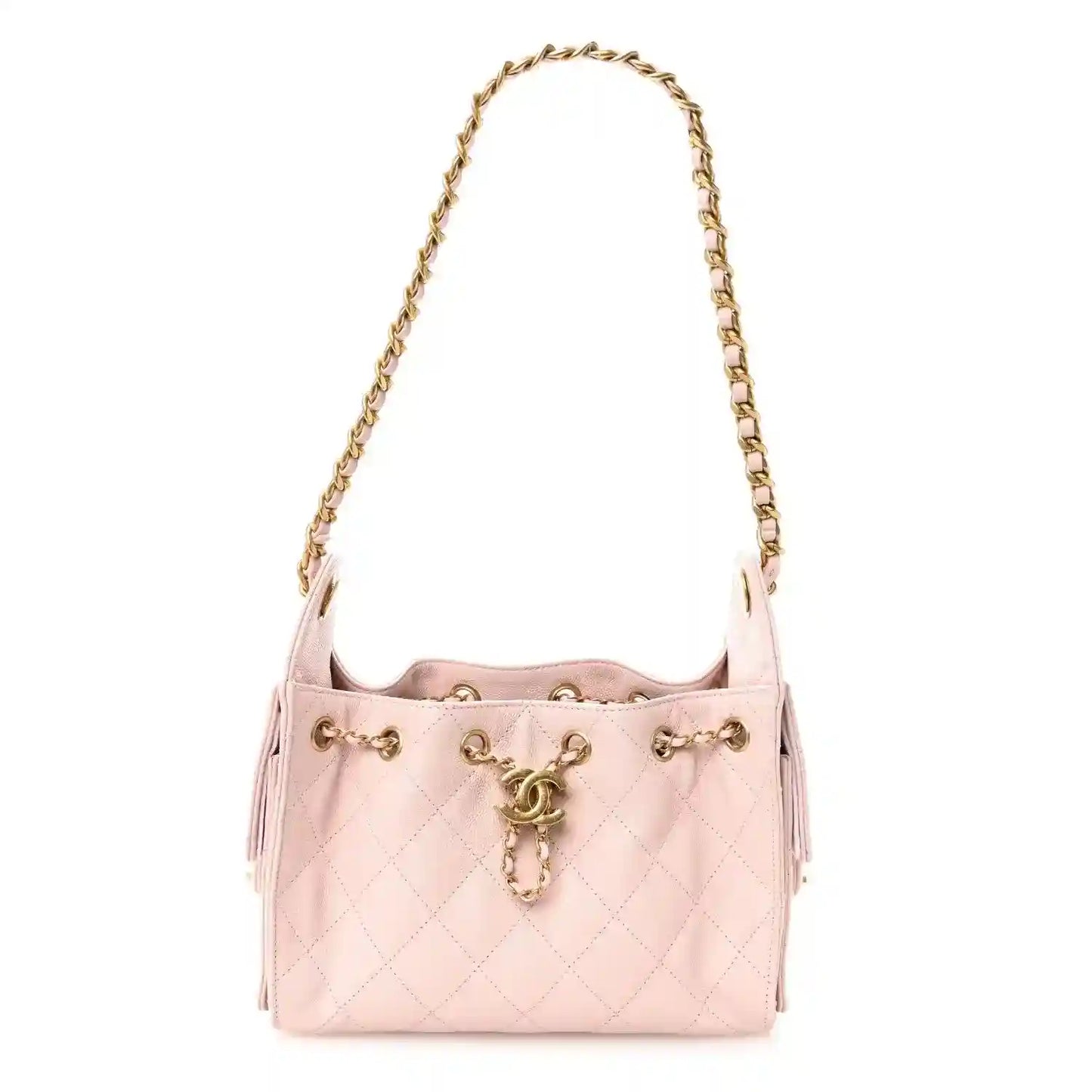 Chanel light pink quilted caviar mini 25 handbag with gold chain strap