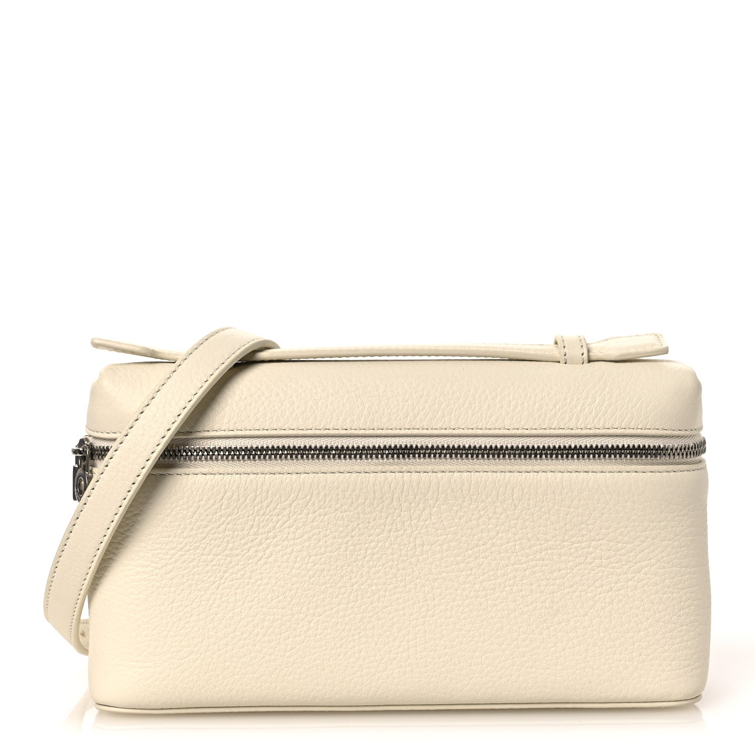 Whisper white grained calfskin pouch with top zip and crossbody strap