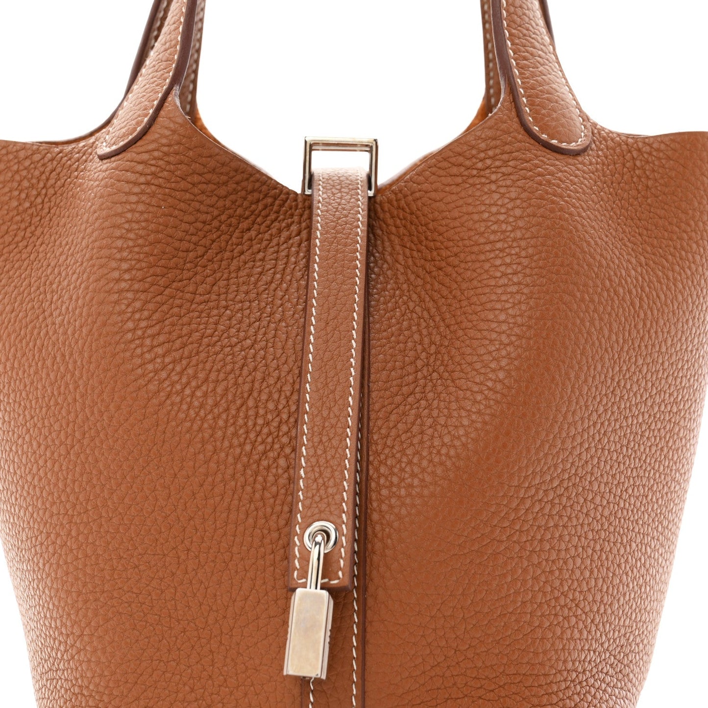 Brown leather bucket tote bag front view with top zipper pull and handles