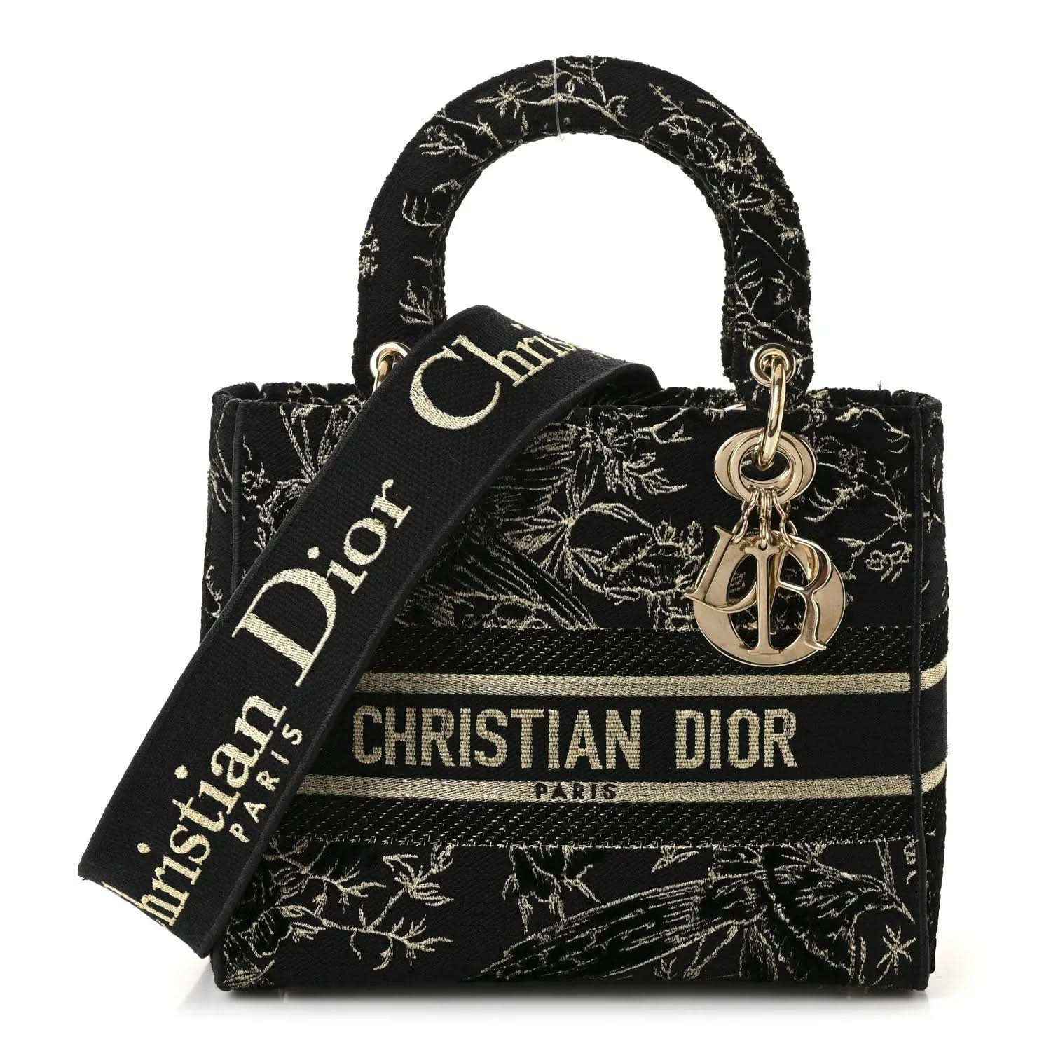 Black embroidered handbag with gold toile de jouy pattern, top handles, and Dior ribbon strap