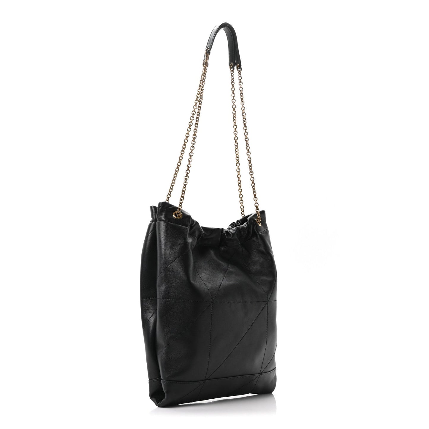 Black quilted leather bucket-style shoulder bag with chain strap