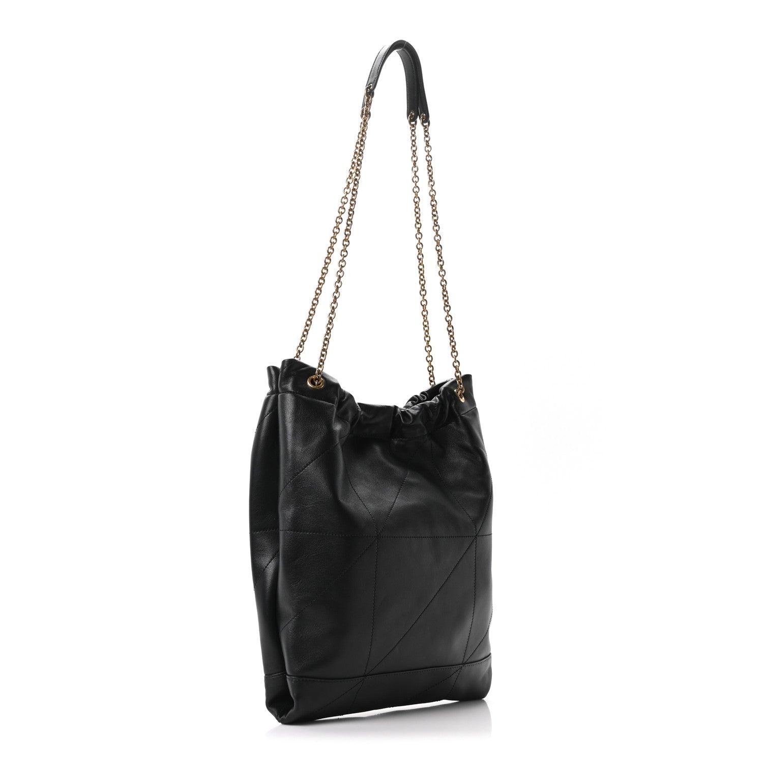 Black quilted leather bucket-style shoulder bag with chain strap