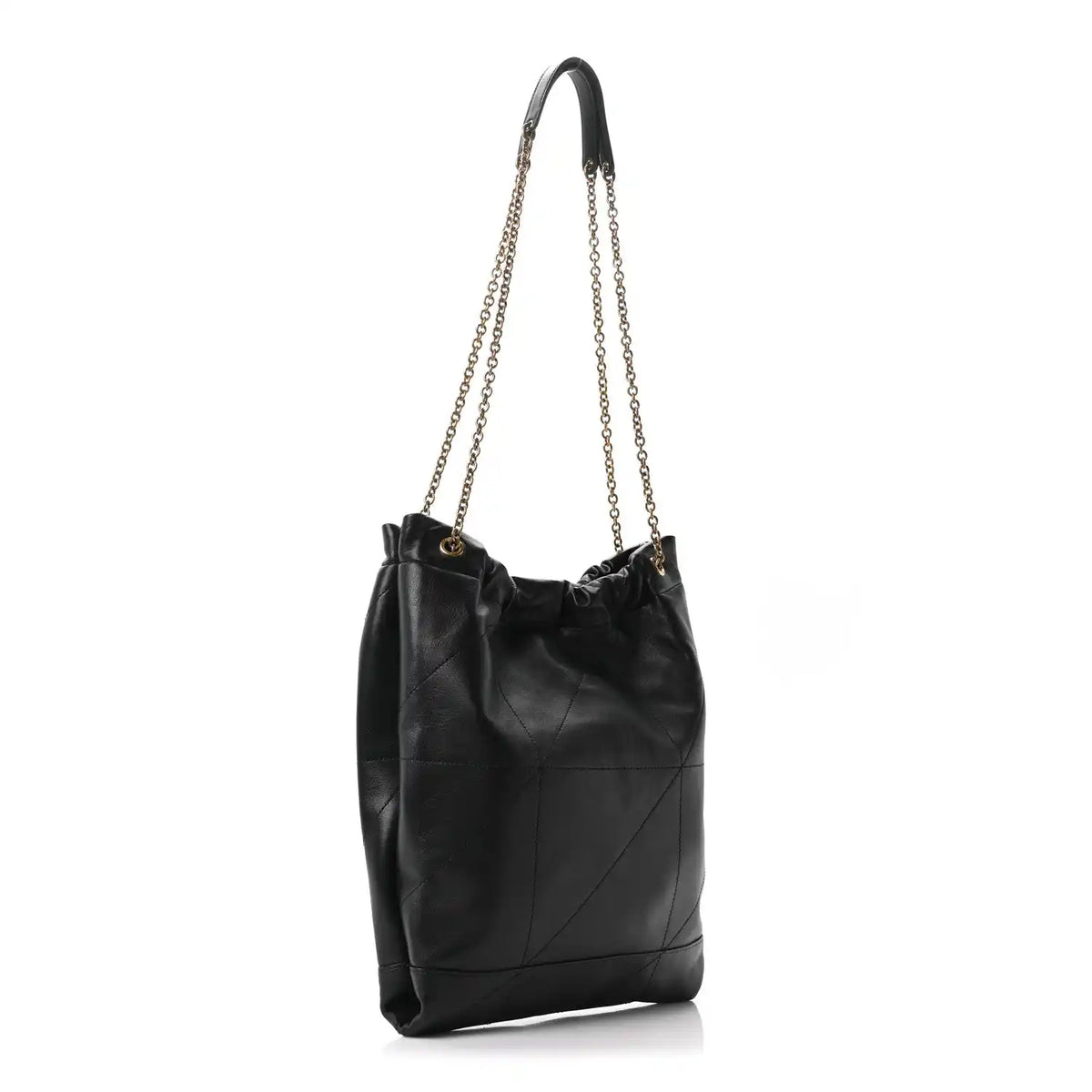 Black quilted leather bucket-style shoulder bag with chain strap