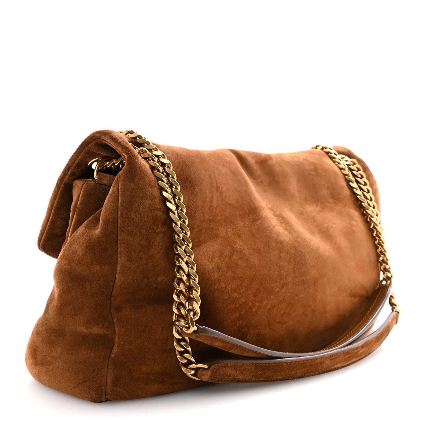 Saint Laurent suede shoulder bag, caramel cognac, with braided chain strap and flap.