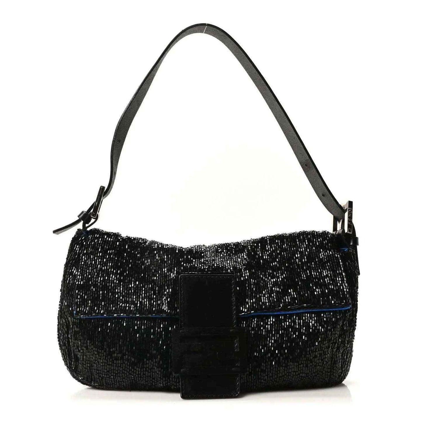 Black beaded baguette handbag with top handle and FF-logo buckle, silver hardware