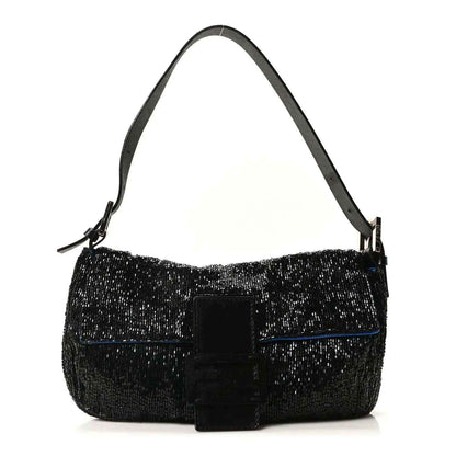 Black beaded baguette handbag with top handle and FF-logo buckle, silver hardware