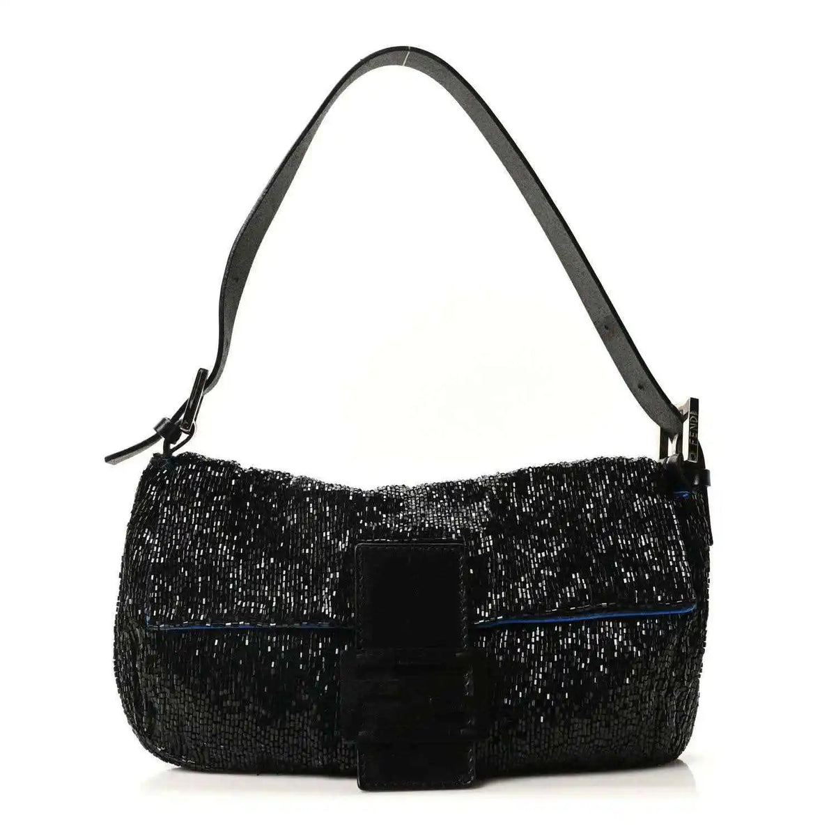 Black beaded baguette handbag with top handle and FF-logo buckle, silver hardware
