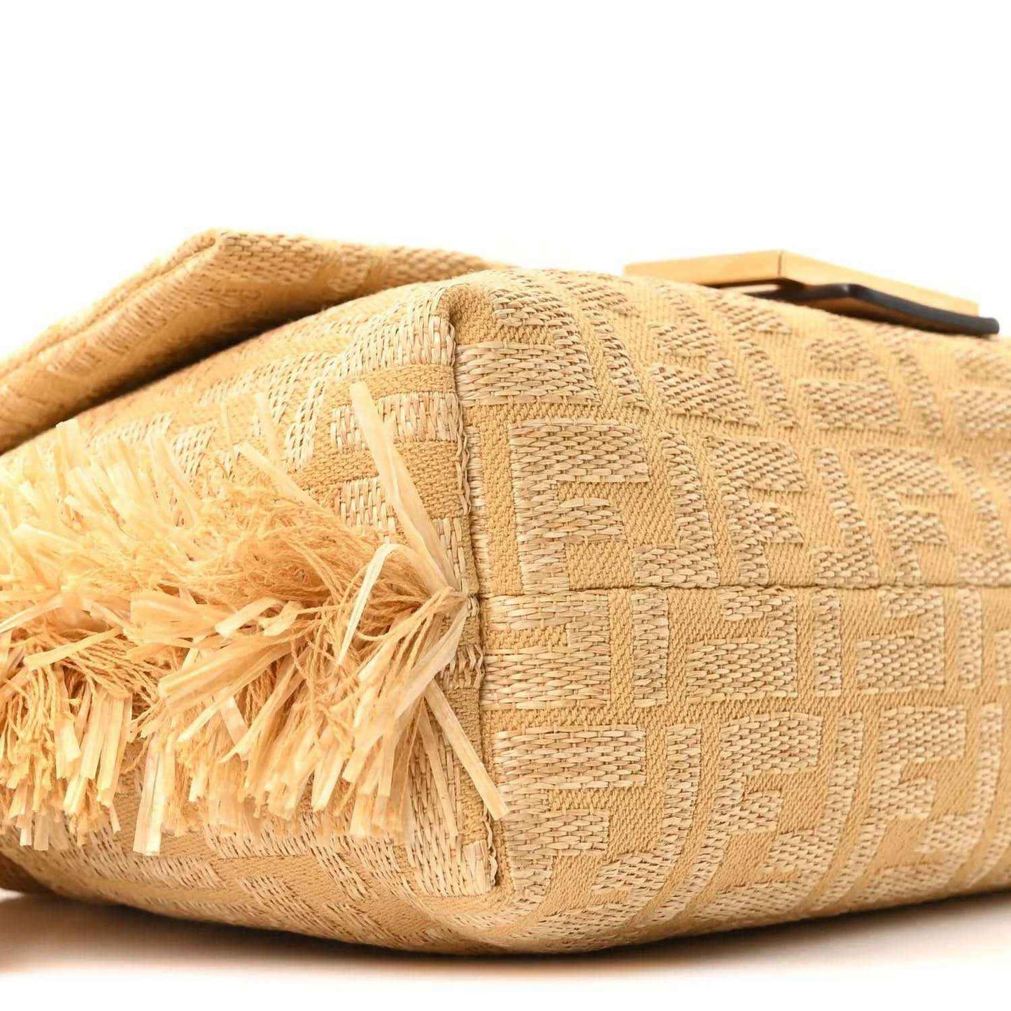 Fendi jacquard raffia fringe medium baguette bag, side view with light raffia fringe trim