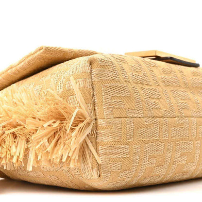 Fendi jacquard raffia fringe medium baguette bag, side view with light raffia fringe trim