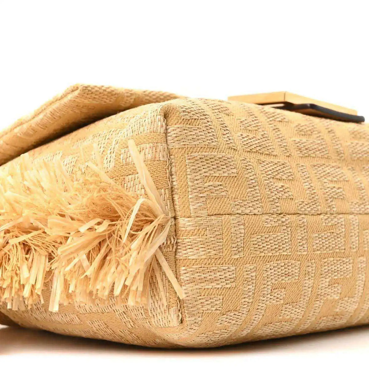 Fendi jacquard raffia fringe medium baguette bag, side view with light raffia fringe trim