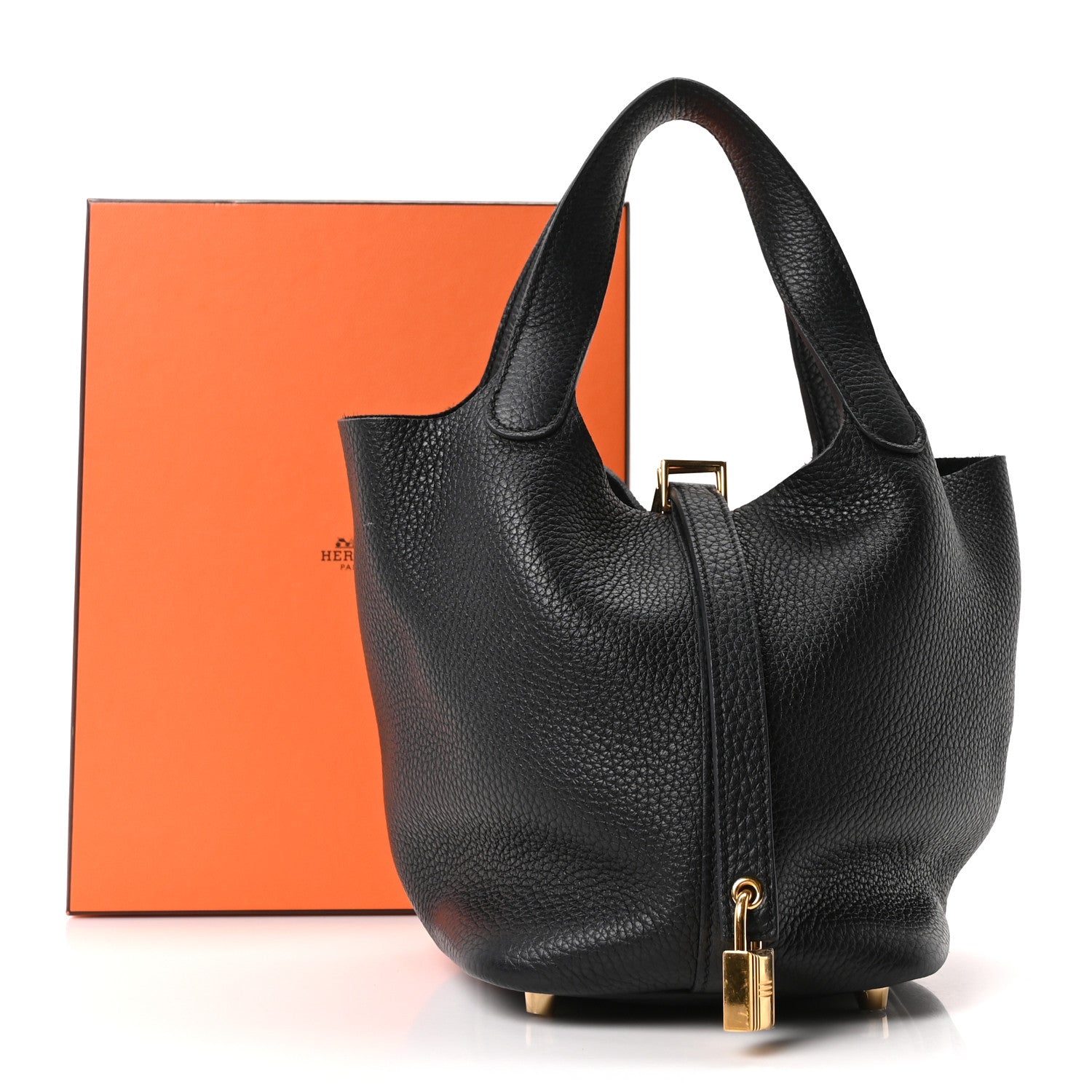 Black pebbled leather tote bag front view with gold clasp and top zipper