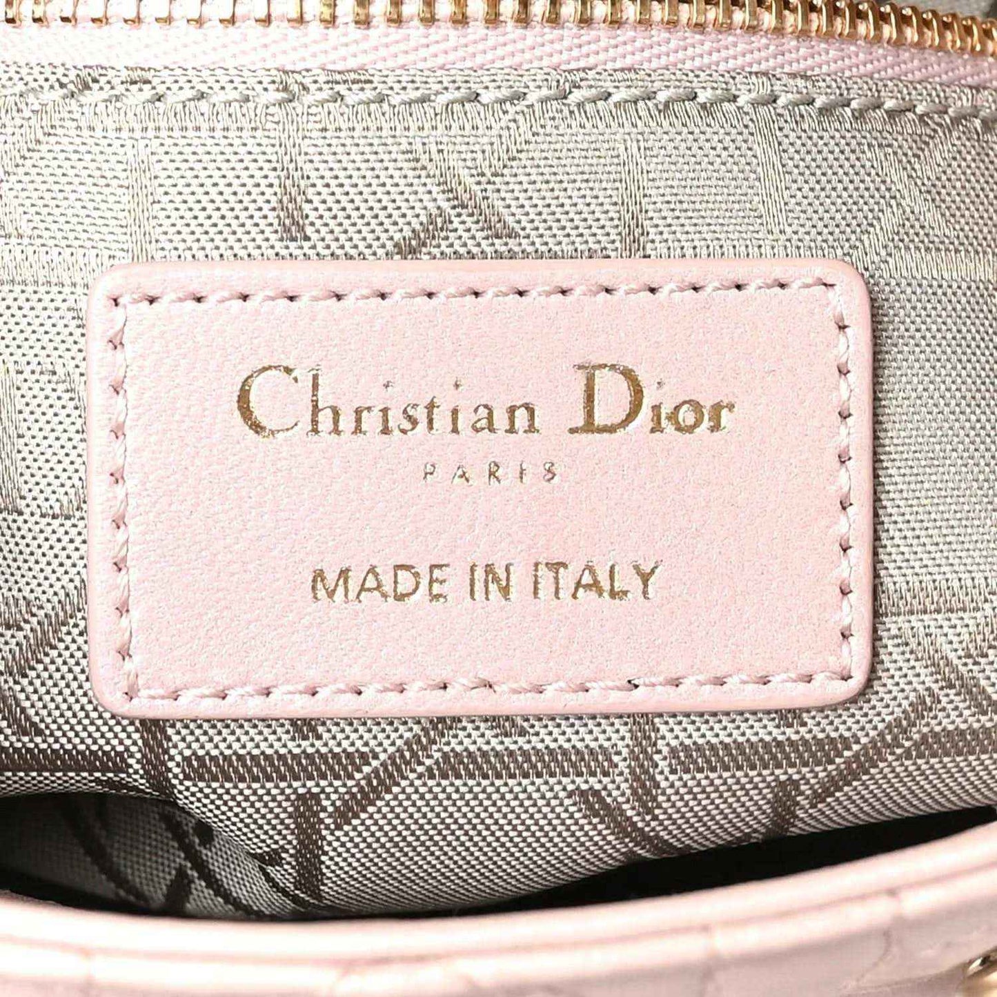 Mini Lady Dior handbag interior leather label reading Christian Dior Paris Made in Italy