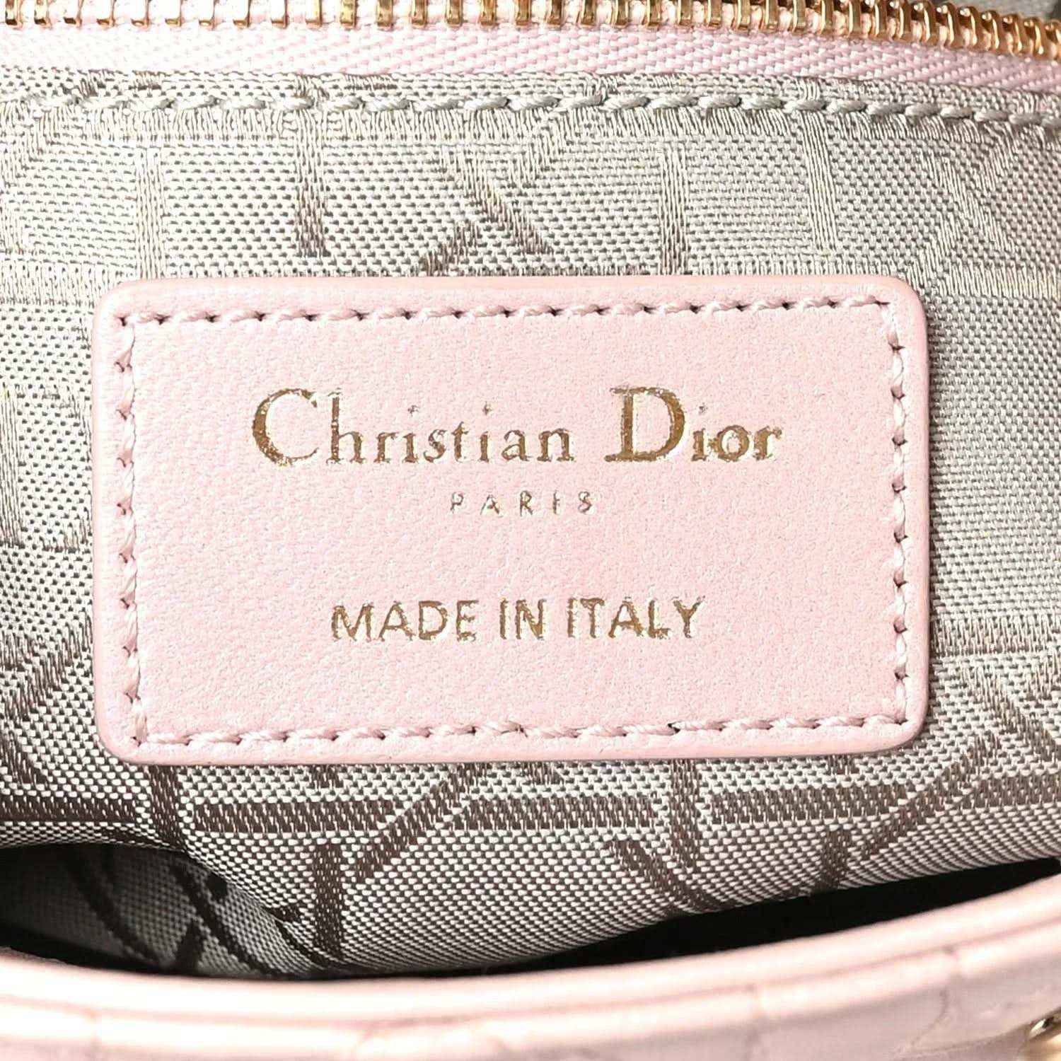 Mini Lady Dior handbag interior leather label reading Christian Dior Paris Made in Italy