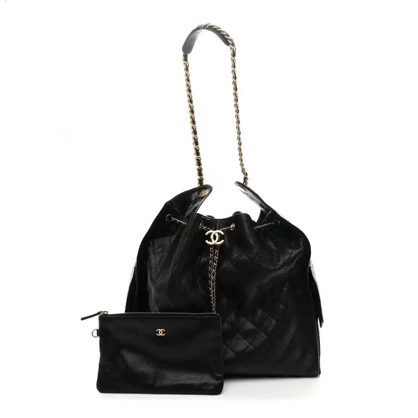 Black quilted bucket-style handbag with chain handles and CC logo charm