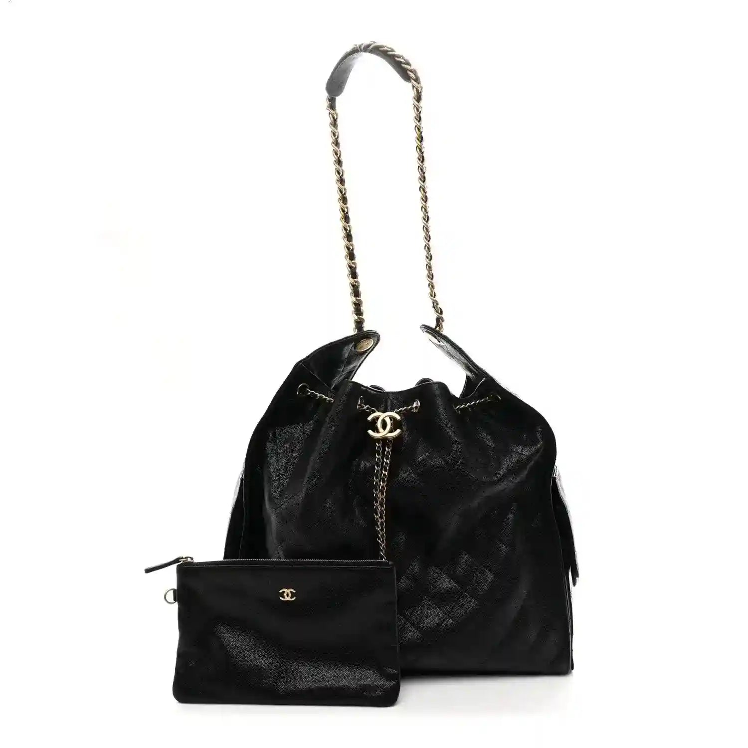 Black quilted bucket-style handbag with chain handles and CC logo charm