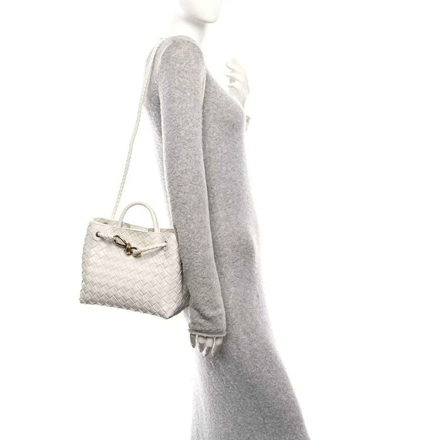 Bottega Veneta Small Andiamo woven nappa leather shoulder bag, white on a model