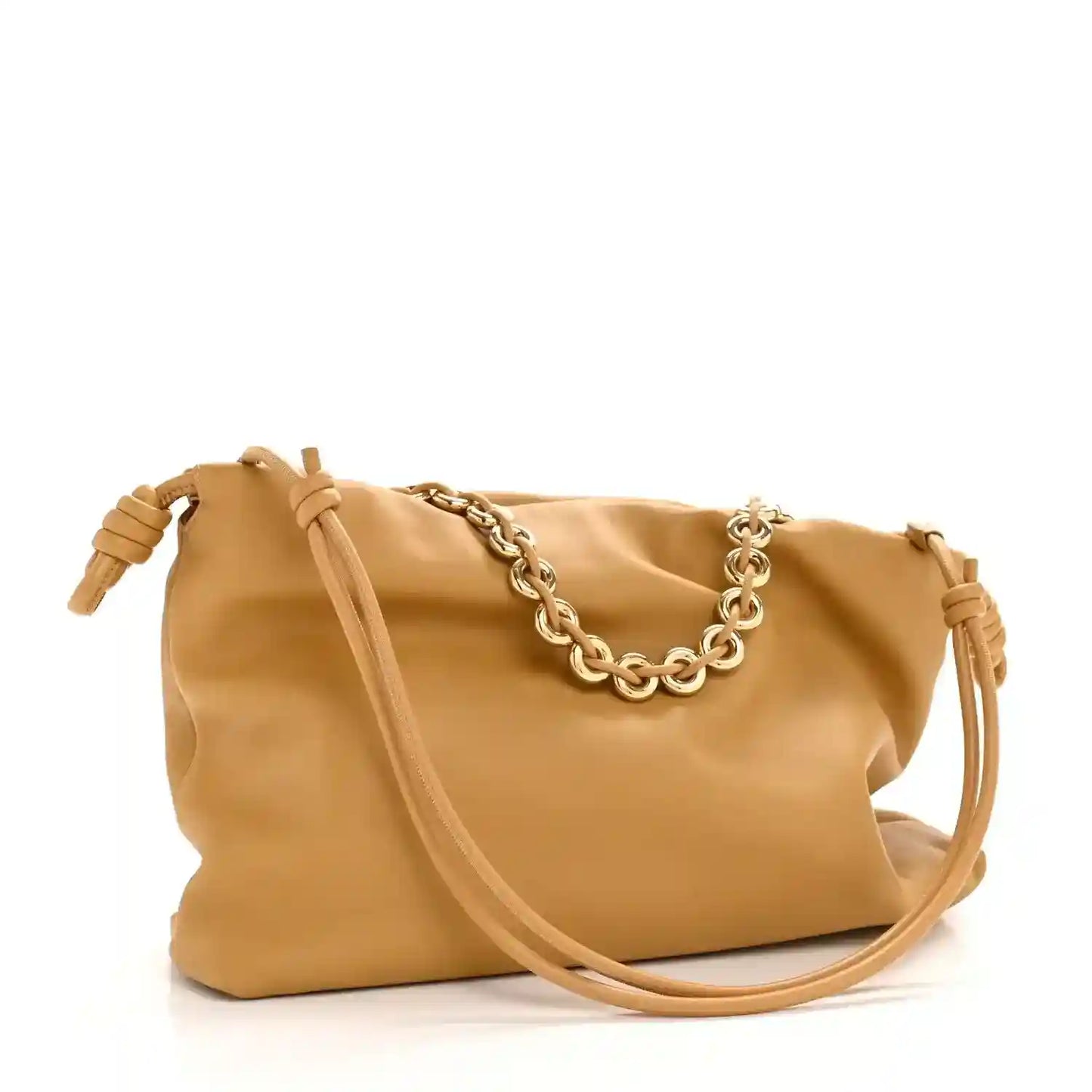Tan leather clutch with braided chain strap and long leather shoulder strap