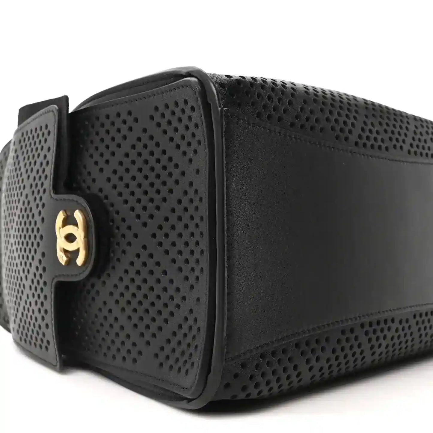 Small black perforated calfskin handbag with gold logo clasp at side