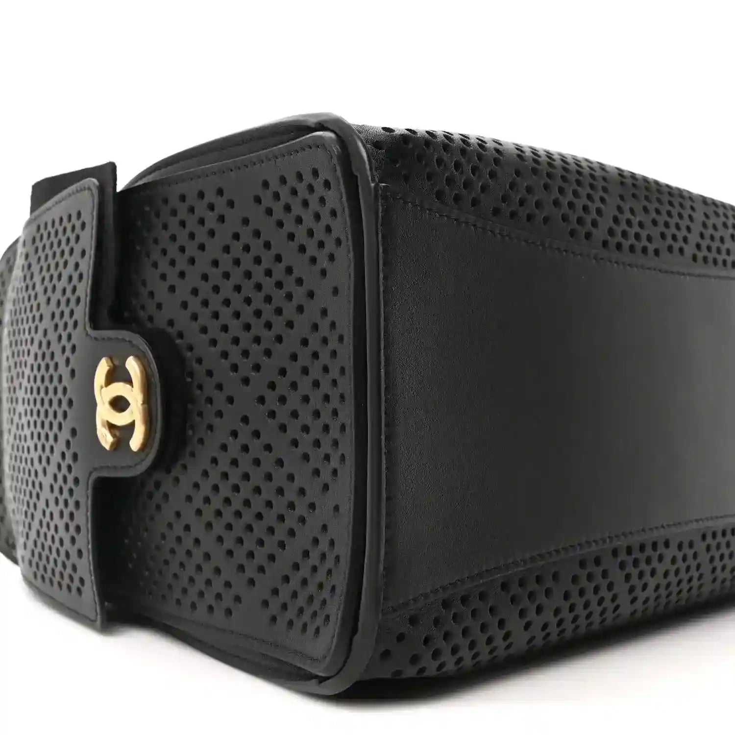 Small black perforated calfskin handbag with gold logo clasp at side