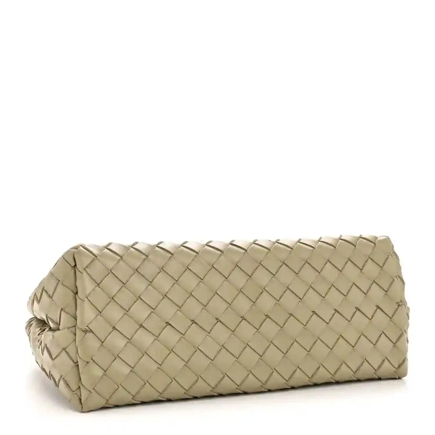 Woven leather shoulder bag with rolled top and crossbody strap, light tan