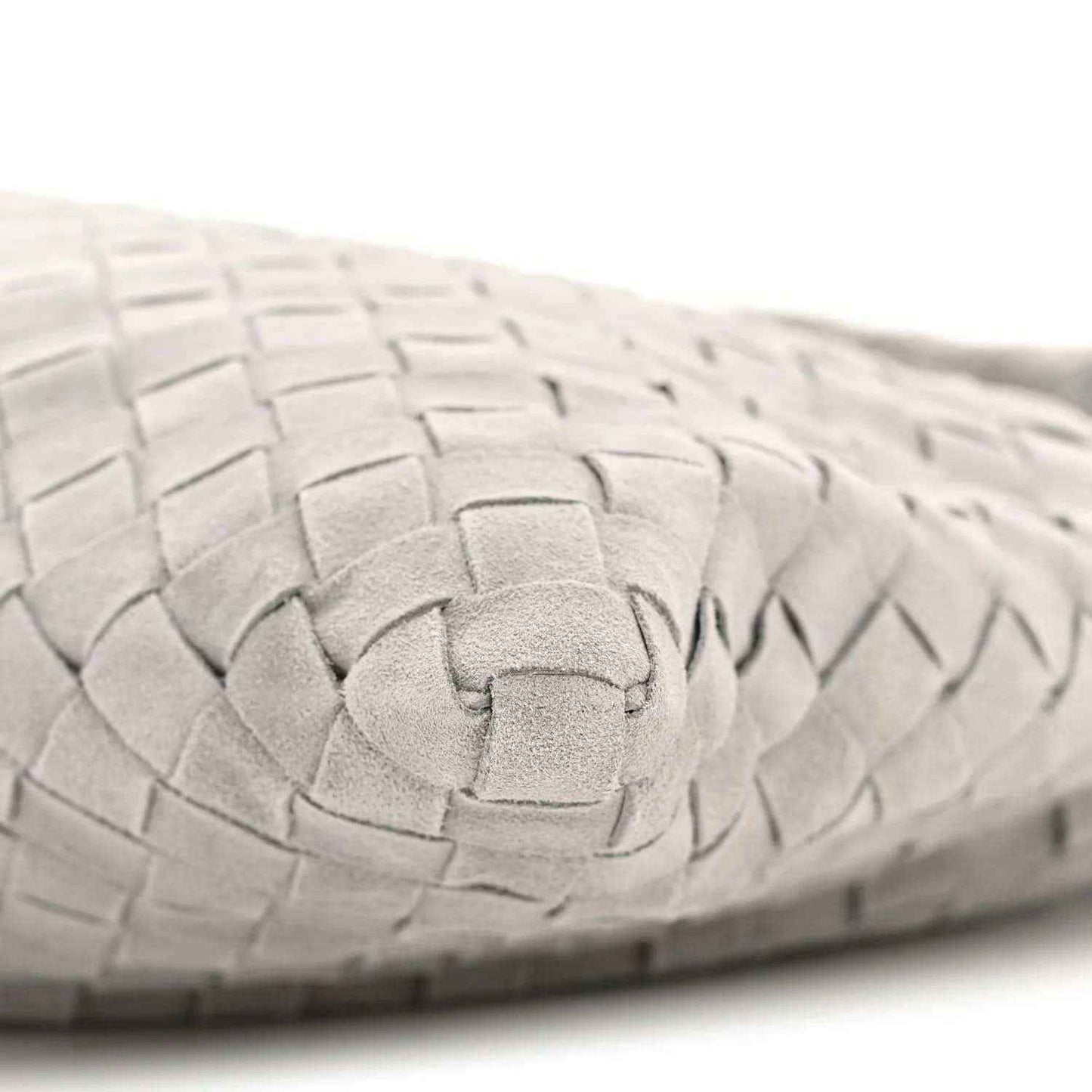 Sterling grey intrecciato suede hobo bag corner with woven lattice