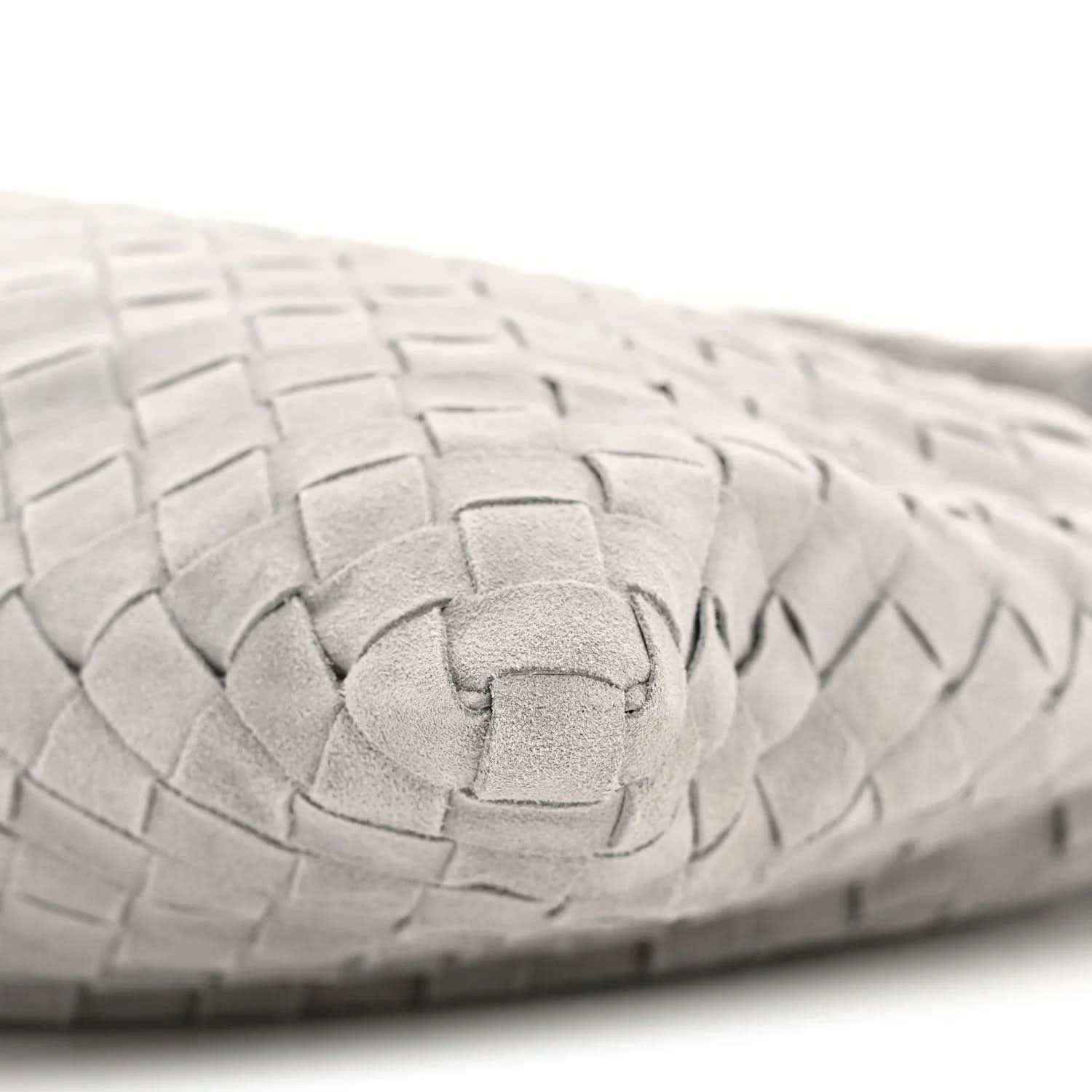 Sterling grey intrecciato suede hobo bag corner with woven lattice