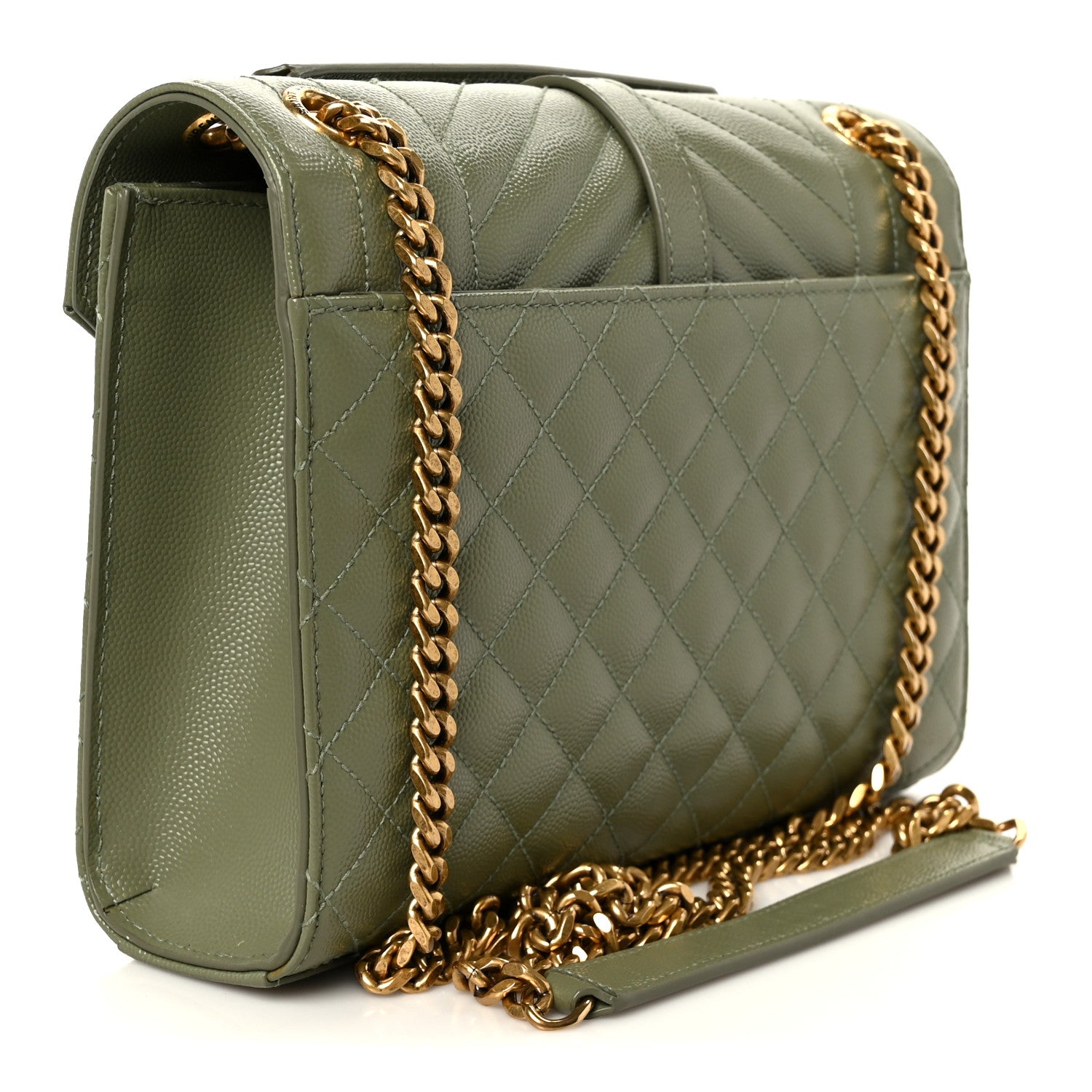 Light sage quilted satchel with chain strap, side profile and clasp hardware