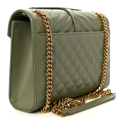 Light sage quilted satchel with chain strap, side profile and clasp hardware