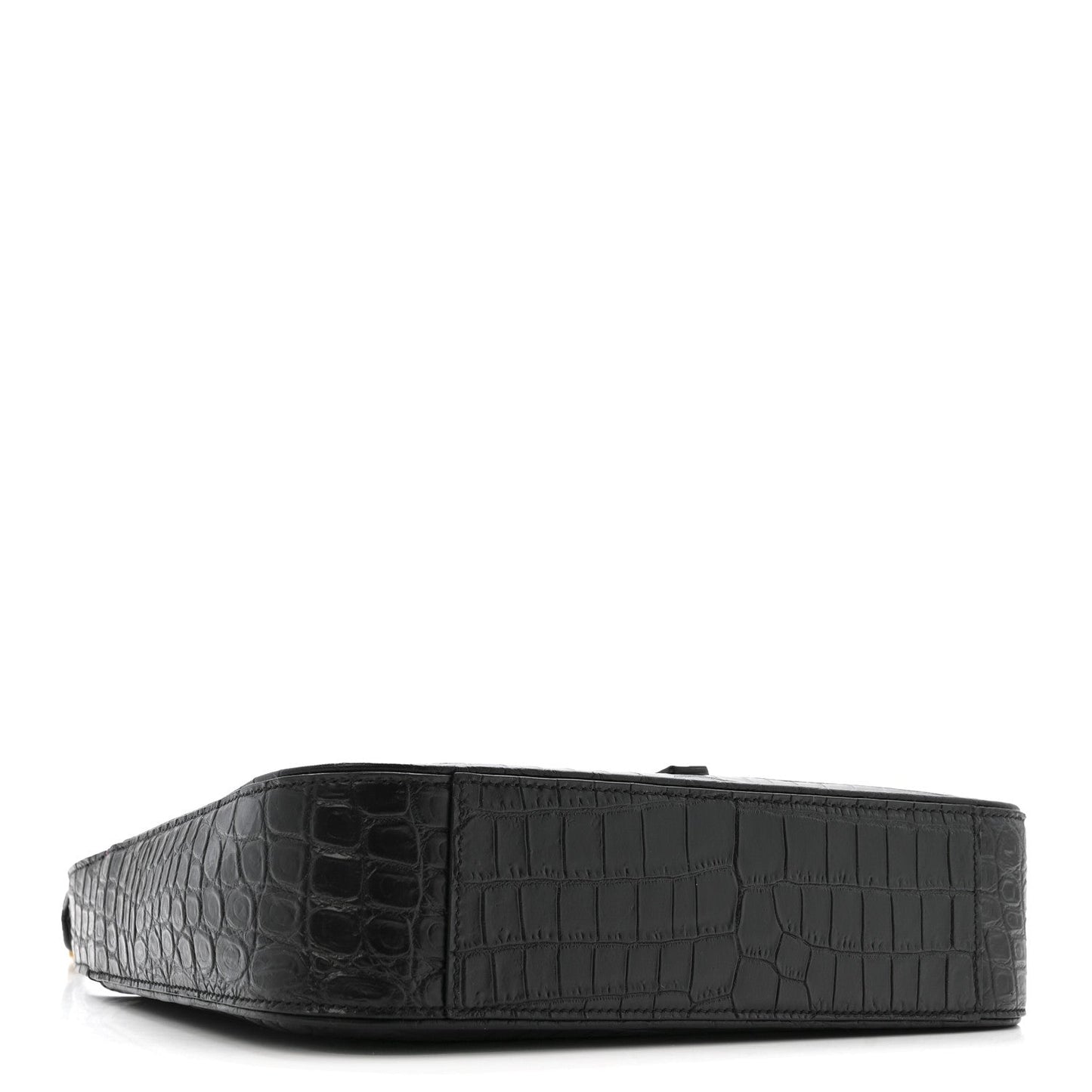 Black crocodile-embossed hobo bag, side view with wide base.