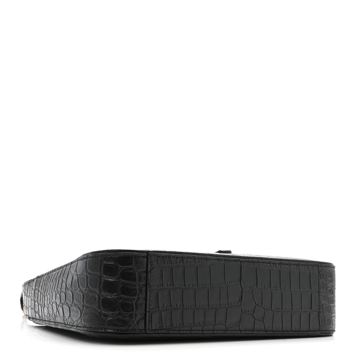Black crocodile-embossed hobo bag, side view with wide base.