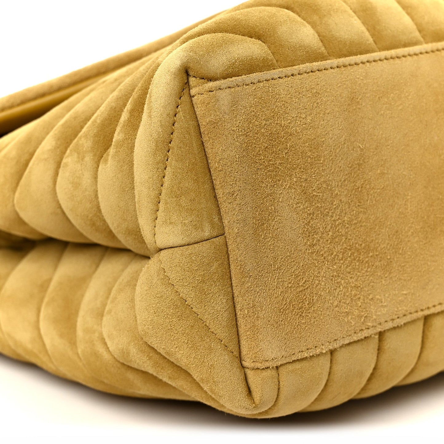 Chartreuse suede quilted satchel with flap edge detail and rounded corner