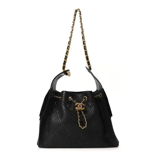 Small black perforated calfskin handbag with chain strap and CC clasp