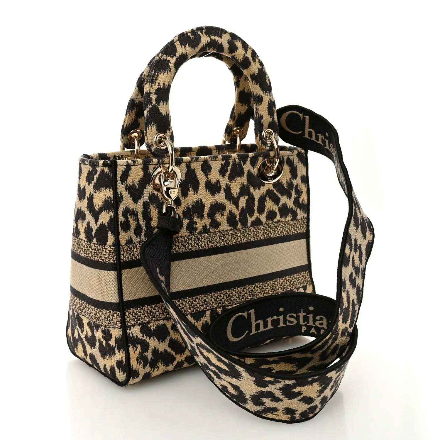 Christian Dior leopard canvas medium bag with top handles and strap