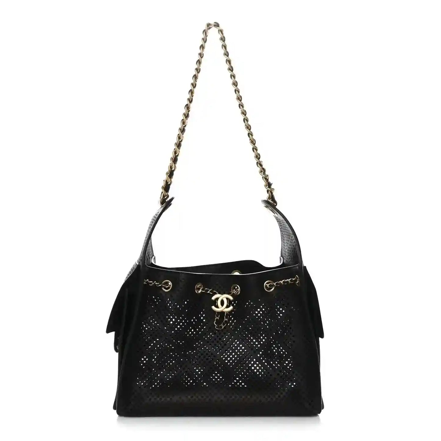Chanel quilted small handbag in black perforated calfskin with chain strap