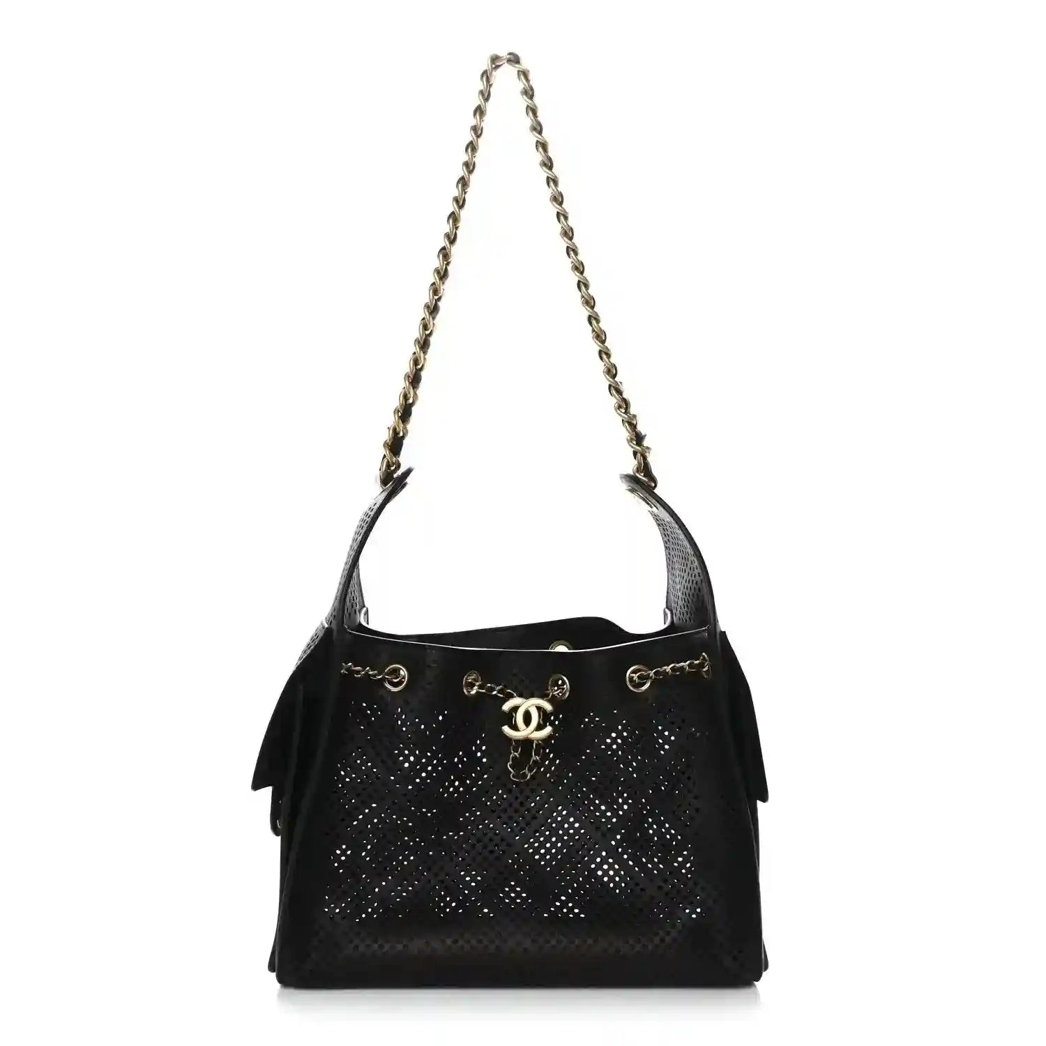Chanel quilted small handbag in black perforated calfskin with chain strap