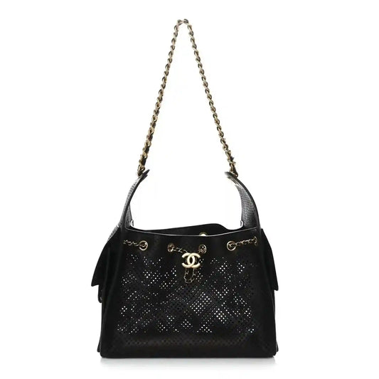 Chanel quilted small handbag in black perforated calfskin with chain strap