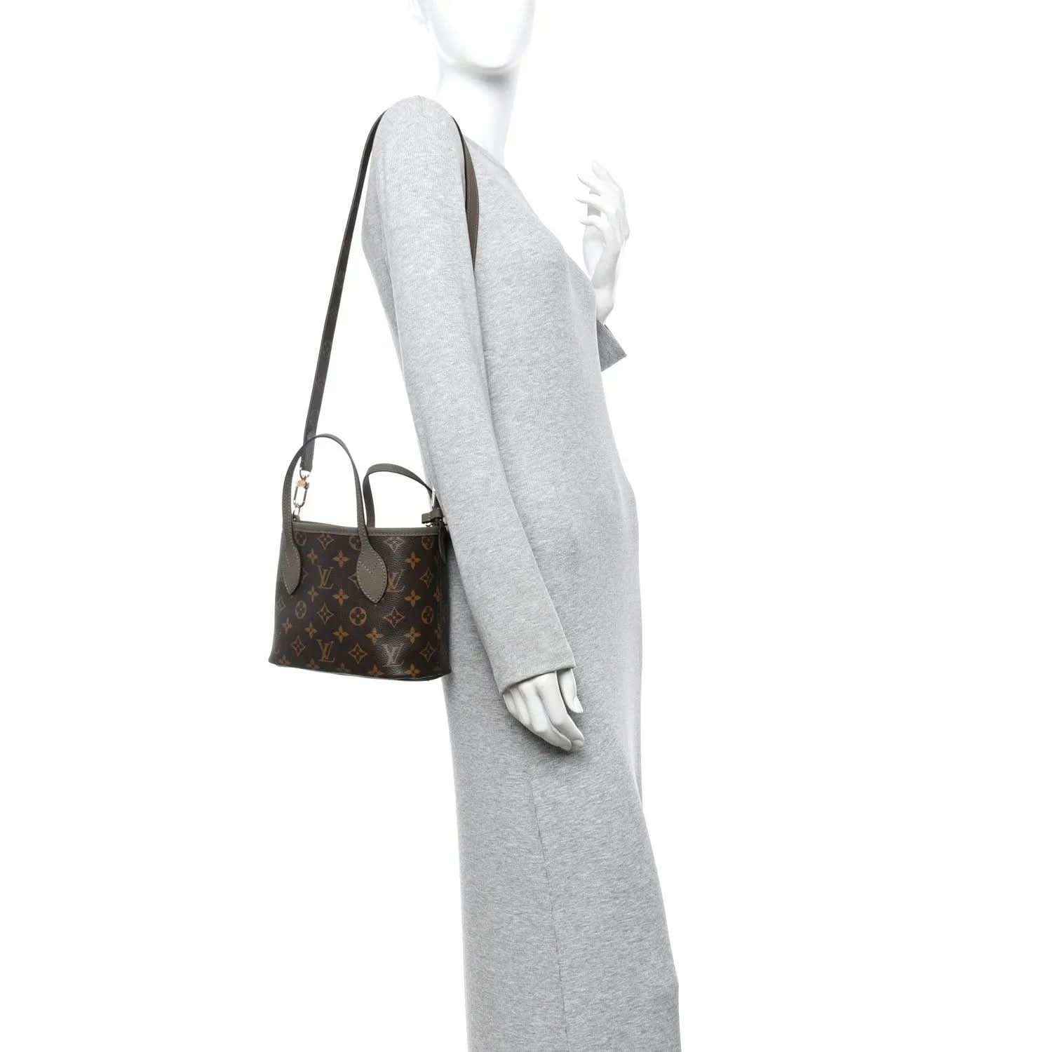 Louis Vuitton monogram Neverfull BB tote bag side view with shoulder strap