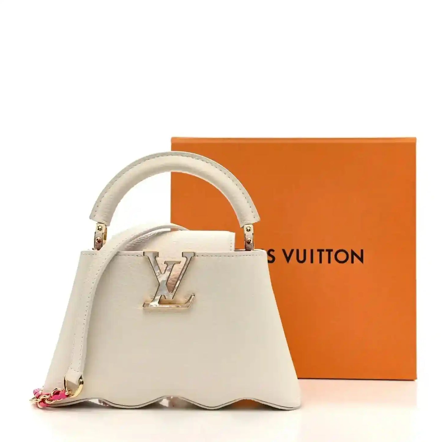 Louis Vuitton Capucines mini handbag, white, top handle with LV emblem and strap