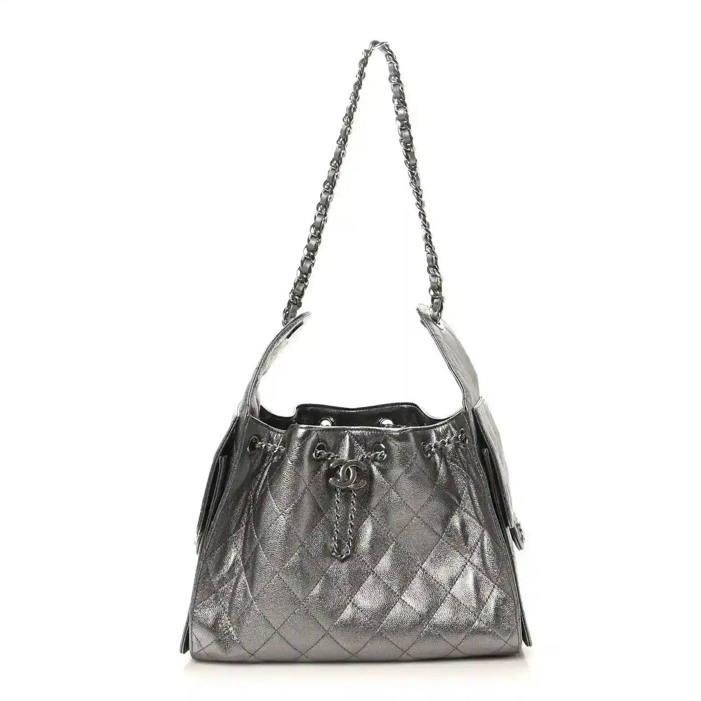 Chanel metallic quilted small handbag with chain shoulder strap and drawstring top