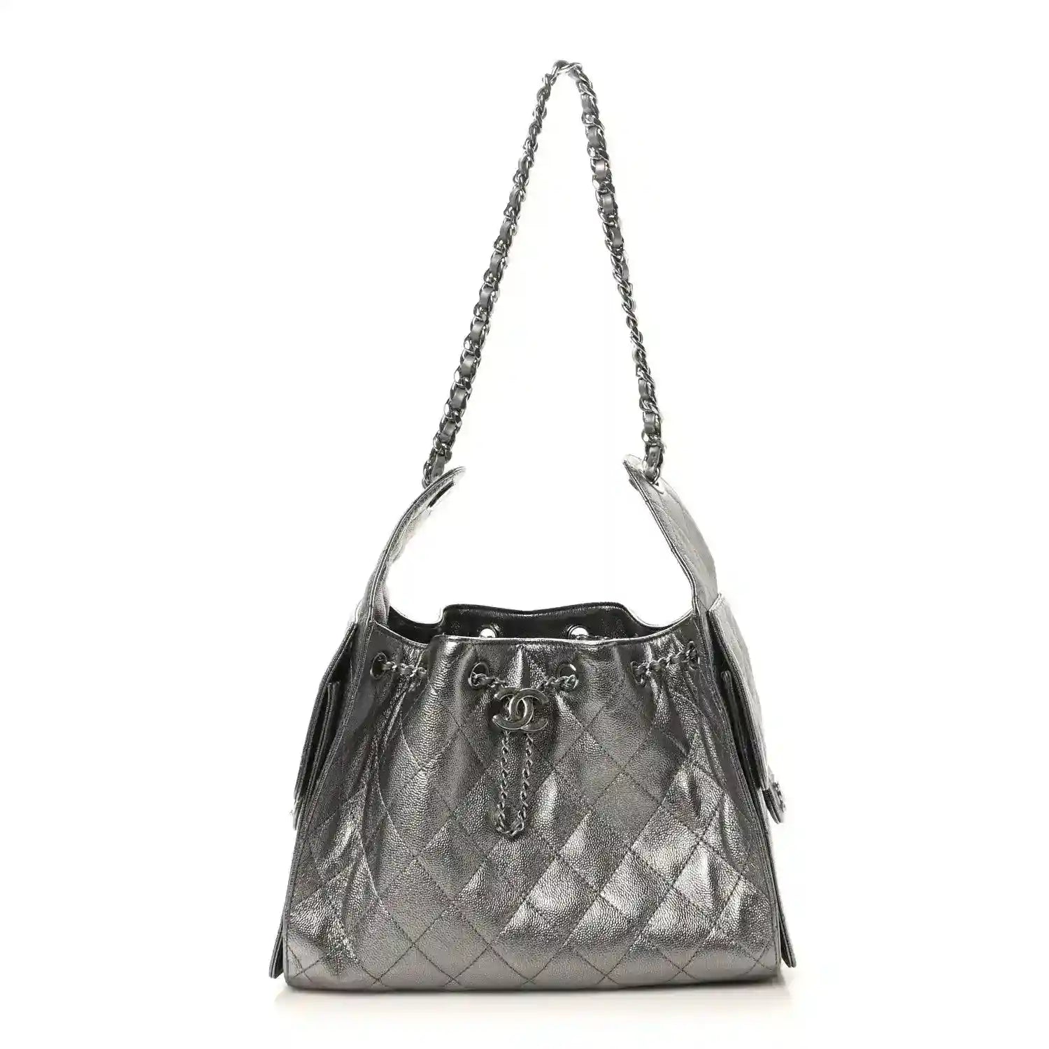 Chanel metallic quilted small handbag with chain shoulder strap and drawstring top