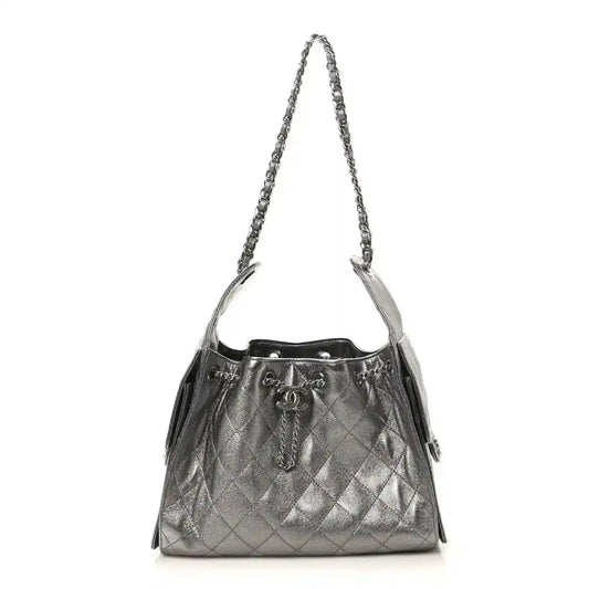 Chanel metallic quilted small handbag with chain shoulder strap and drawstring top