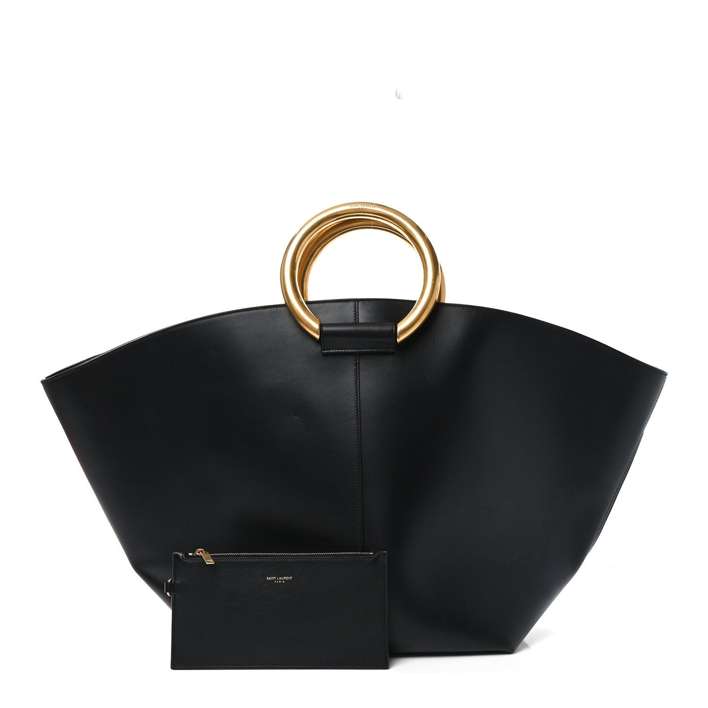 Black maxi trapezoid tote with gold ring handle and small front zip pouch