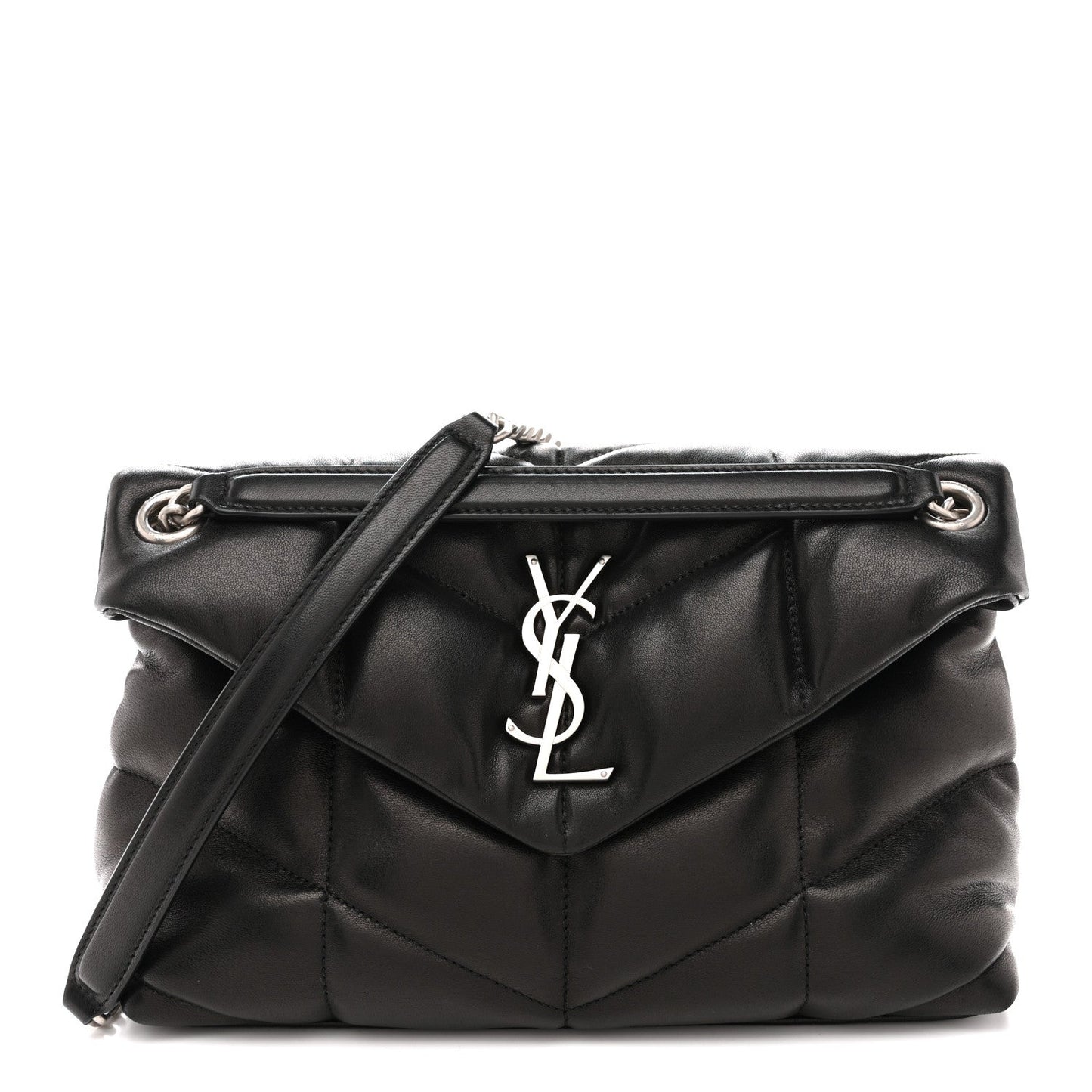 Saint Laurent puffer satchel, black lambskin, YSL monogram and chain strap