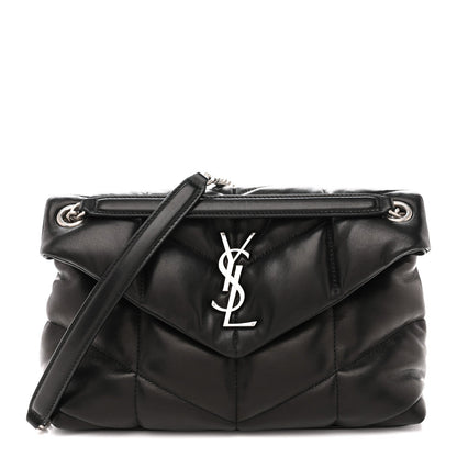 Saint Laurent puffer satchel, black lambskin, YSL monogram and chain strap