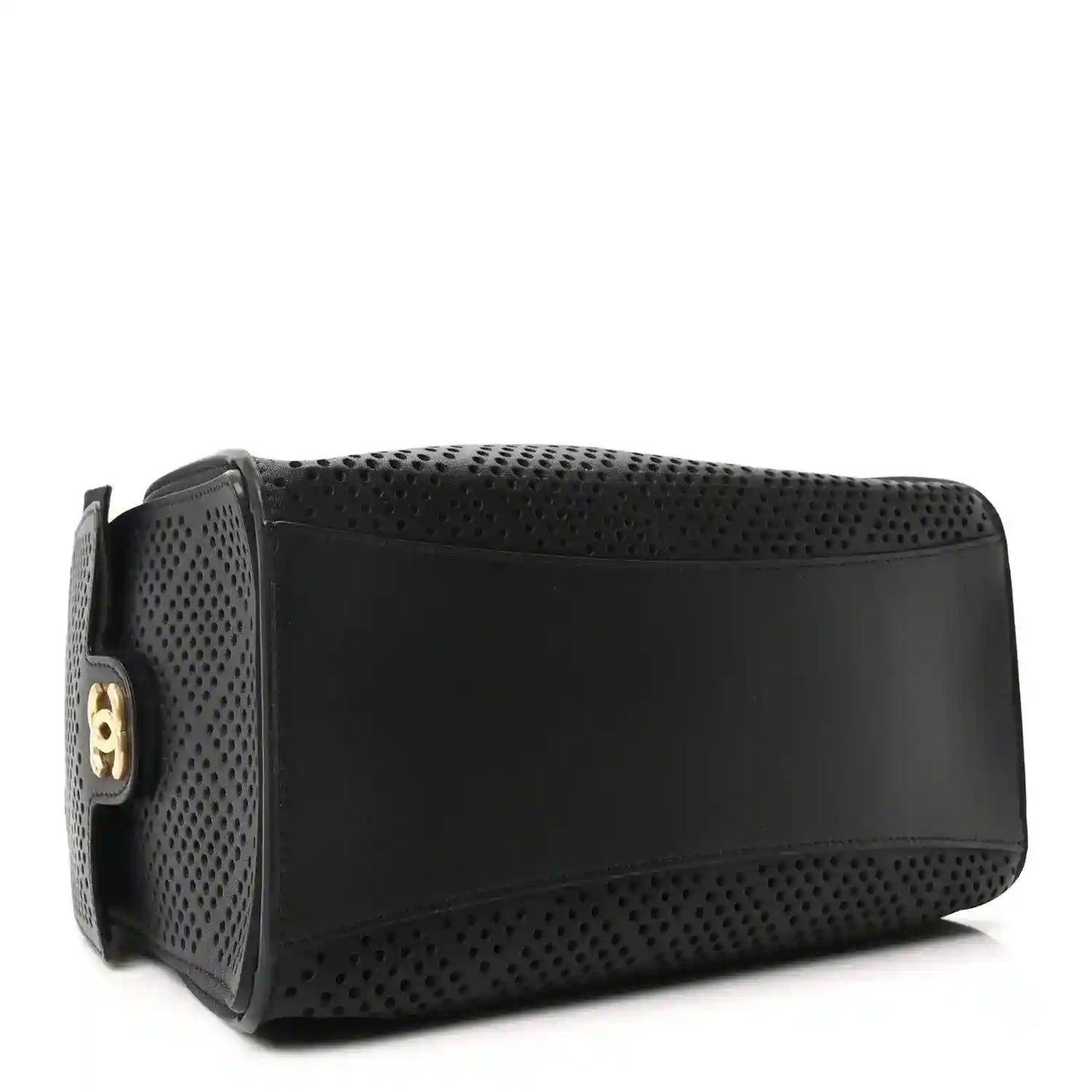 Small black perforated calfskin handbag with smooth front panel and curved base